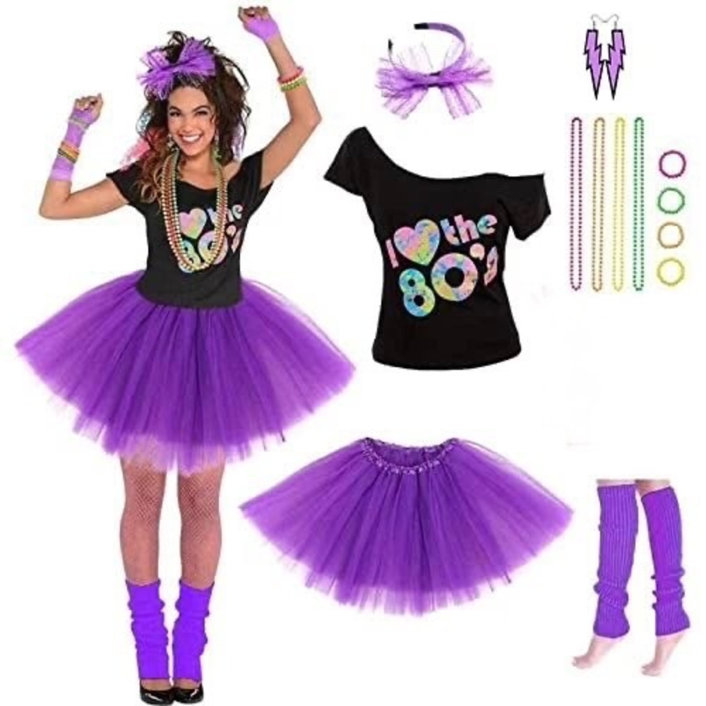 I Love 80s Costume Set Women Medium Purple Tutu T-shirt Neon Retro Halloween B4